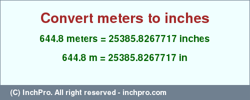 Result converting 644.8 meters to inches = 25385.8267717 inches