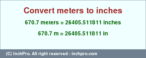 Result converting 670.7 meters to inches = 26405.511811 inches