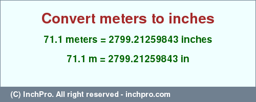 Result converting 71.1 meters to inches = 2799.21259843 inches