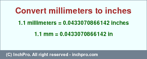 Result converting 1.1 millimeters to inches = 0.0433070866142 inches