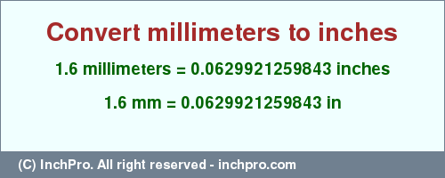 Result converting 1.6 millimeters to inches = 0.0629921259843 inches
