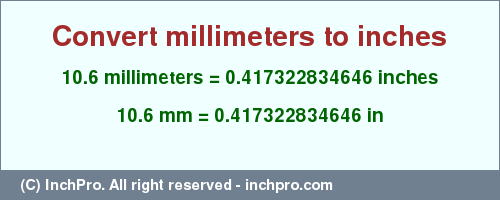 Result converting 10.6 millimeters to inches = 0.417322834646 inches