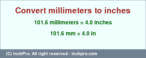 Result converting 101.6 millimeters to inches = 4.0 inches