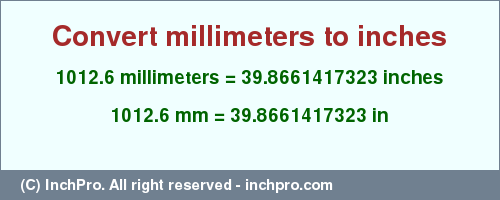 Result converting 1012.6 millimeters to inches = 39.8661417323 inches