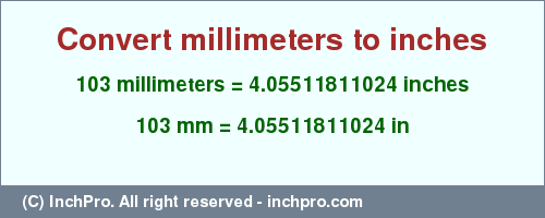 Result converting 103 millimeters to inches = 4.05511811024 inches