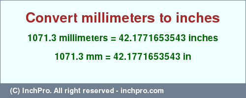 Result converting 1071.3 millimeters to inches = 42.1771653543 inches