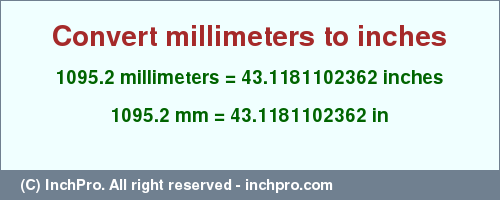 Result converting 1095.2 millimeters to inches = 43.1181102362 inches