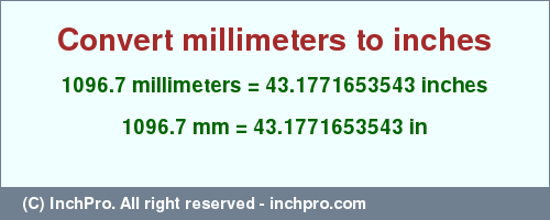 Result converting 1096.7 millimeters to inches = 43.1771653543 inches