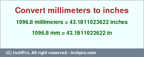 Result converting 1096.8 millimeters to inches = 43.1811023622 inches