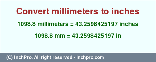 Result converting 1098.8 millimeters to inches = 43.2598425197 inches