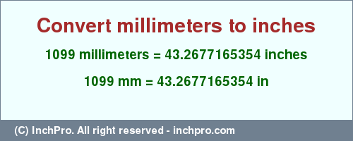 Result converting 1099 millimeters to inches = 43.2677165354 inches