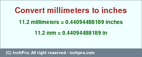 Result converting 11.2 millimeters to inches = 0.44094488189 inches