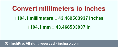 Result converting 1104.1 millimeters to inches = 43.468503937 inches