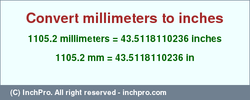 Result converting 1105.2 millimeters to inches = 43.5118110236 inches