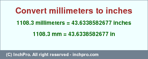 Result converting 1108.3 millimeters to inches = 43.6338582677 inches