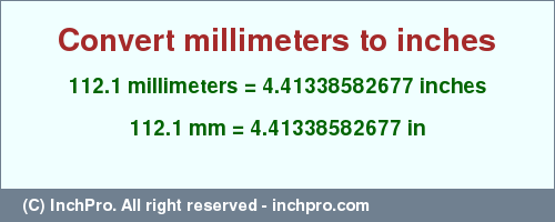 Result converting 112.1 millimeters to inches = 4.41338582677 inches