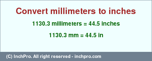 Result converting 1130.3 millimeters to inches = 44.5 inches