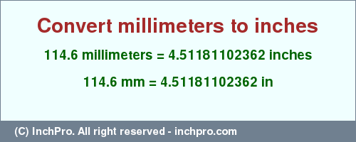 Result converting 114.6 millimeters to inches = 4.51181102362 inches