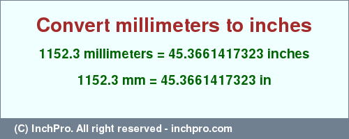 Result converting 1152.3 millimeters to inches = 45.3661417323 inches