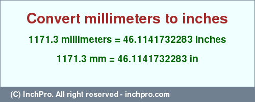 Result converting 1171.3 millimeters to inches = 46.1141732283 inches