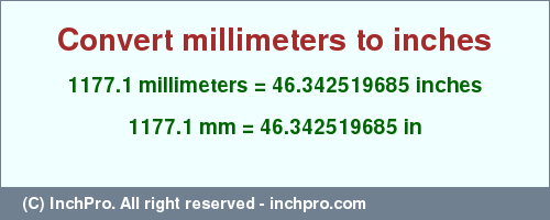 Result converting 1177.1 millimeters to inches = 46.342519685 inches
