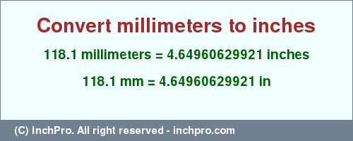 Result converting 118.1 millimeters to inches = 4.64960629921 inches