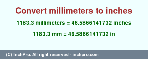 Result converting 1183.3 millimeters to inches = 46.5866141732 inches