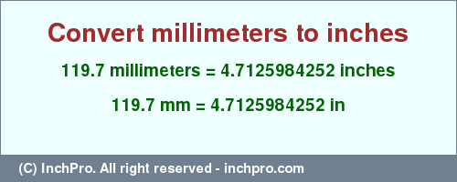 Result converting 119.7 millimeters to inches = 4.7125984252 inches