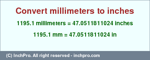 Result converting 1195.1 millimeters to inches = 47.0511811024 inches