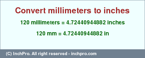 Result converting 120 millimeters to inches = 4.72440944882 inches
