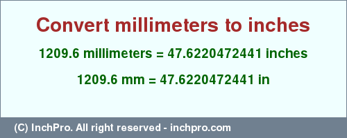 Result converting 1209.6 millimeters to inches = 47.6220472441 inches