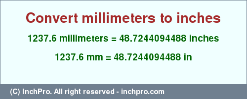 Result converting 1237.6 millimeters to inches = 48.7244094488 inches