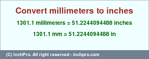 Result converting 1301.1 millimeters to inches = 51.2244094488 inches