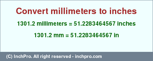 Result converting 1301.2 millimeters to inches = 51.2283464567 inches