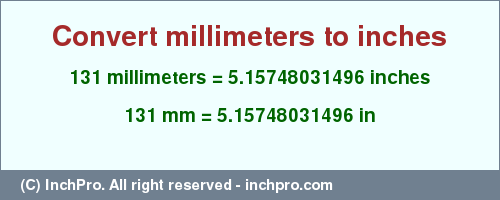 Result converting 131 millimeters to inches = 5.15748031496 inches