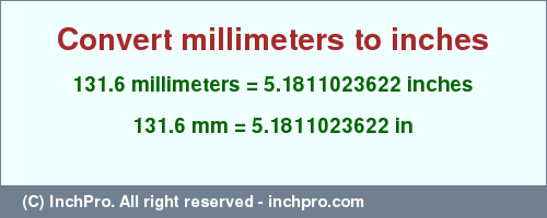 Result converting 131.6 millimeters to inches = 5.1811023622 inches