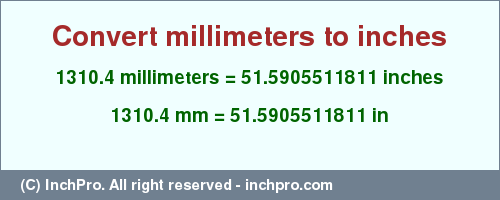 Result converting 1310.4 millimeters to inches = 51.5905511811 inches