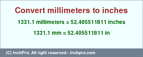 Result converting 1331.1 millimeters to inches = 52.405511811 inches