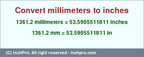 Result converting 1361.2 millimeters to inches = 53.5905511811 inches