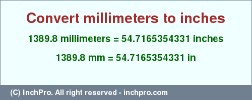 Result converting 1389.8 millimeters to inches = 54.7165354331 inches