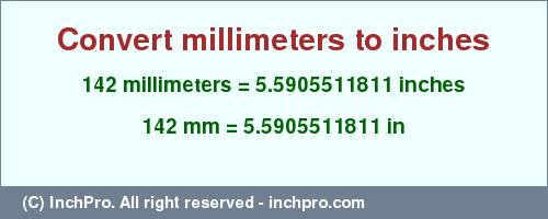Result converting 142 millimeters to inches = 5.5905511811 inches