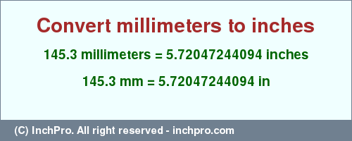 Result converting 145.3 millimeters to inches = 5.72047244094 inches