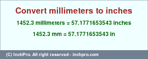Result converting 1452.3 millimeters to inches = 57.1771653543 inches
