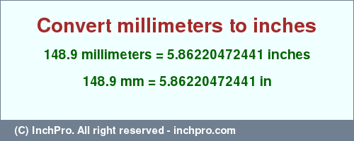 Result converting 148.9 millimeters to inches = 5.86220472441 inches