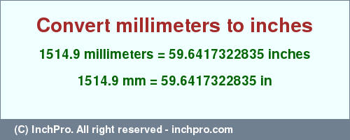Result converting 1514.9 millimeters to inches = 59.6417322835 inches