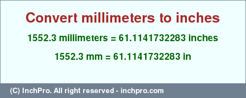 Result converting 1552.3 millimeters to inches = 61.1141732283 inches