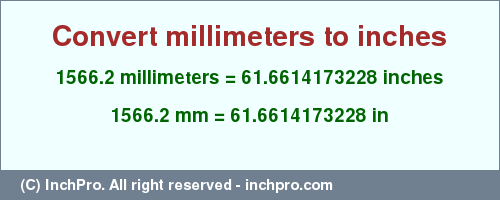 Result converting 1566.2 millimeters to inches = 61.6614173228 inches