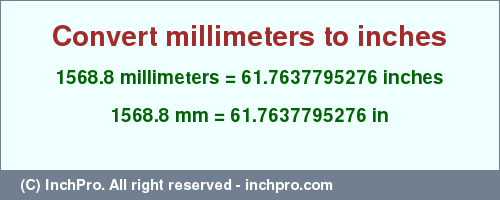 Result converting 1568.8 millimeters to inches = 61.7637795276 inches