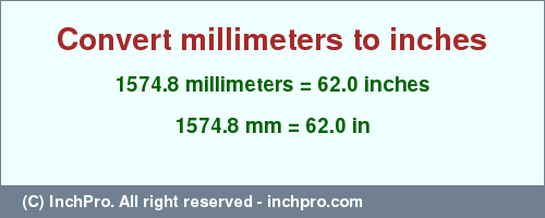 Result converting 1574.8 millimeters to inches = 62.0 inches