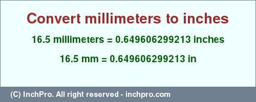 Result converting 16.5 millimeters to inches = 0.649606299213 inches